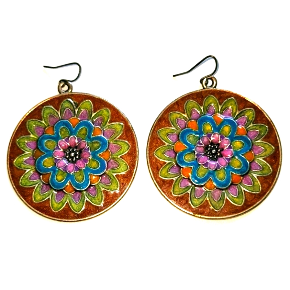 Mandala Multicolor Earth Tones Round Earrings W Silver Back